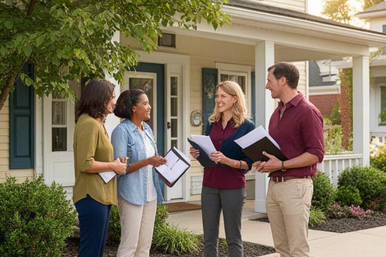 Travel planning team meeting outside a welcoming community office in Damascus, Maryland