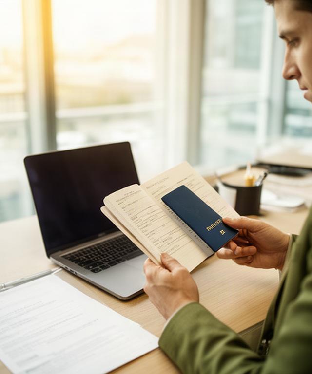 Business traveler reviewing a passport and company itinerary beside a laptop in a bright Maryland office