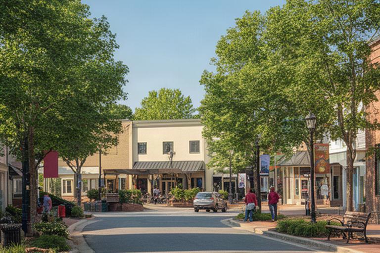Damascus, Maryland main street near a community gathering space on a bright afternoon