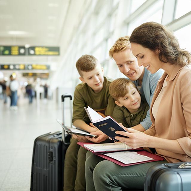 Parents and two children checking passports together at a bright airport departure hall