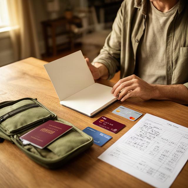 Traveler in a warm Damascus home reviewing passport documents, bank cards, and a handwritten trip budget