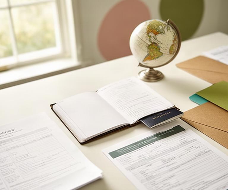 Open passport, travel documents, and a globe arranged on a bright desk in a Maryland travel office