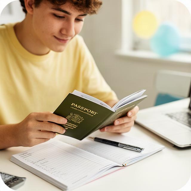 College student reviewing a passport and budget notebook at a bright study desk before studying abroad