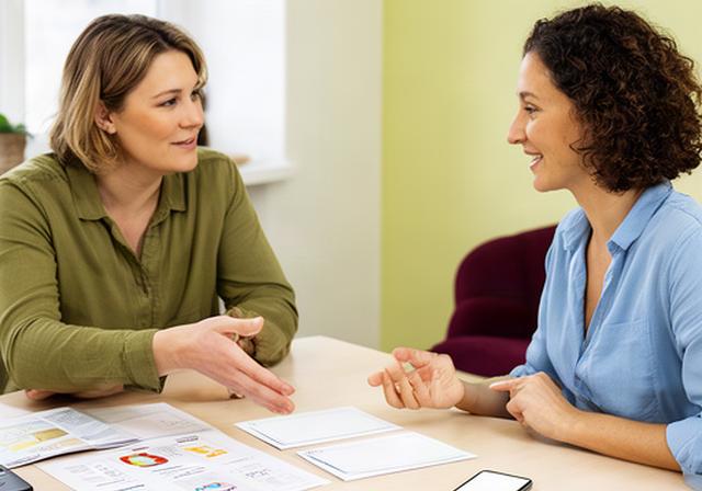 Financial travel planner discussing ATM access and spending plans with a client in a bright local office